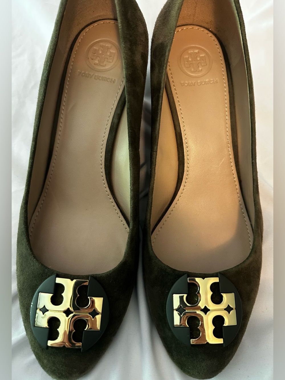 Tory Burch Olive Suede Logo wedge Pump with Gold Emblem